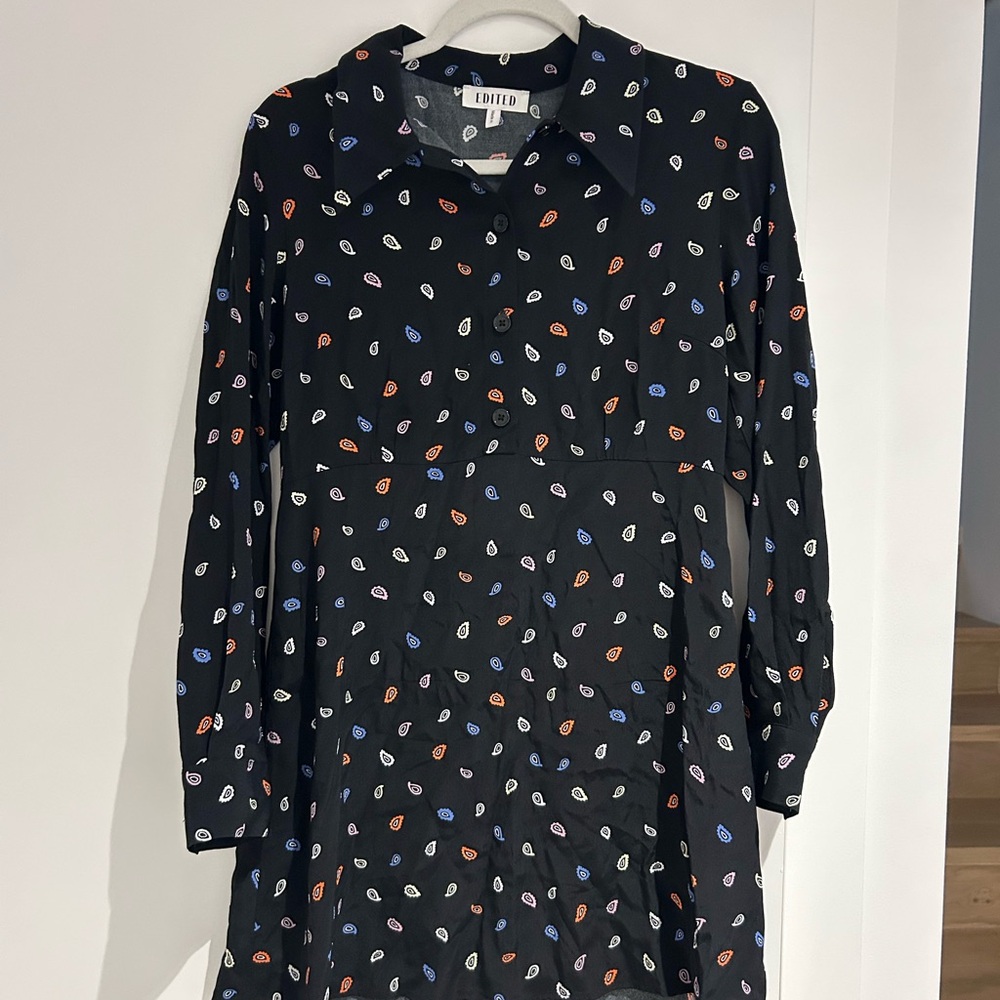 Black Dress with Multicolor Leaf Pattern